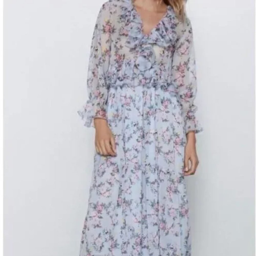 Zara Blue and Pink Floral Ruffled Chiffon Midi Dress